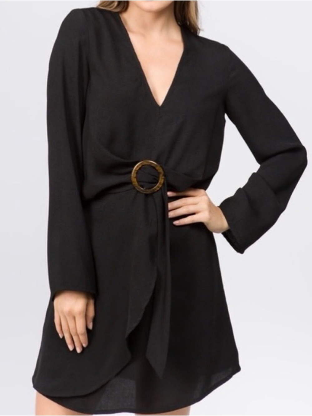 NWT Topshop Black Long Sleeve Wrap Dress with Tortoiseshell Buckle